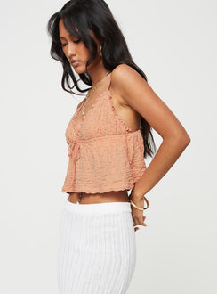 V-neck crop top, crinkle material  Adjustable shoulder straps, frill trimming, elasticated under bust band, fixed tie detail at bust 