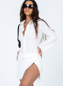 Matching set Textured material  Mini wrap skirt  Side slit  Button up shirt