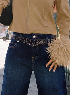 back view of model wearing Princess Polly Savenna Jeans Dark Wash / Leopard High Waisted 