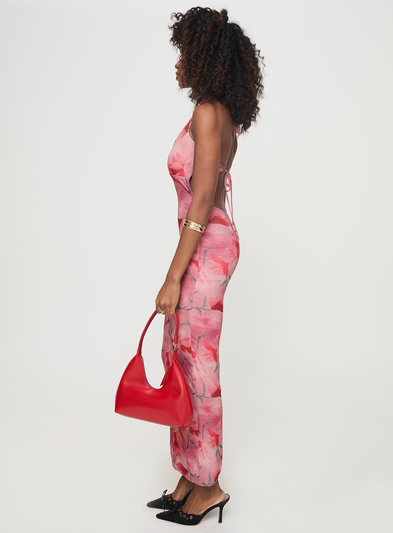 side view of model wearing Princess Polly Maillard Halter Maxi Dress Pink V-Neck 
