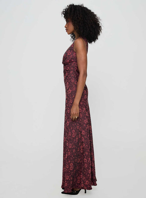 side view of model wearing Princess Polly Nell Jacquard Maxi Dress Burgundy V-Neck 