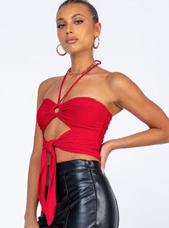 front view of model wearing Princess Polly Loriella Ring Detail Crop Top Red 
