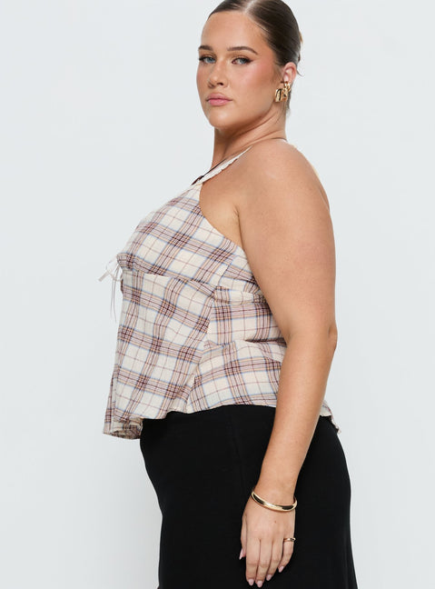 Pretty It Up Tie Detail Top Beige Check Curve