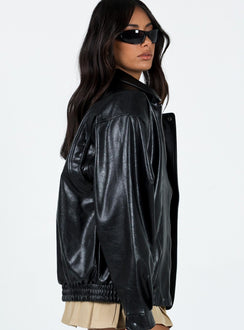 Faux leather jacket Zip fastening at front  Classic collar Twin hip pockets  Elasticated waistband 