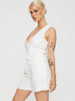 side view of model wearing Princess Polly Bellair Linen Blend Shorts White High Waisted Shorts 