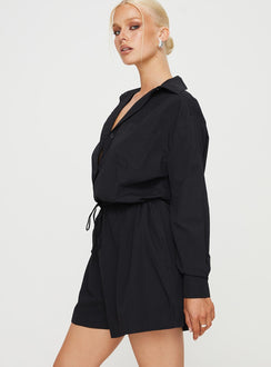 Black Long sleeve romper Classic collar button fastening at front front chest pocket drawstring waist with tie fastening twin hip pockets