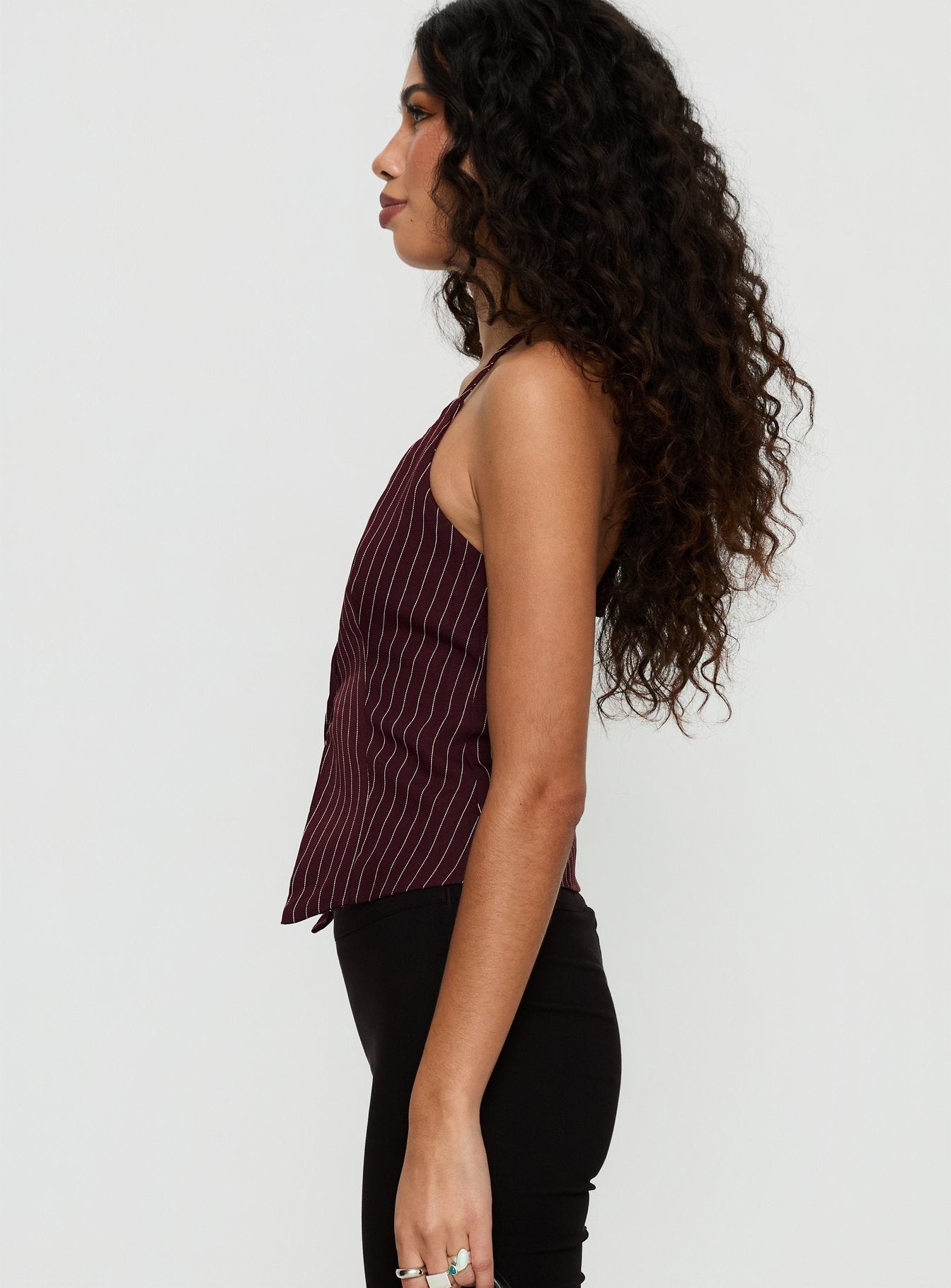 No Sleep Halter Top Burgundy Pinstripe
