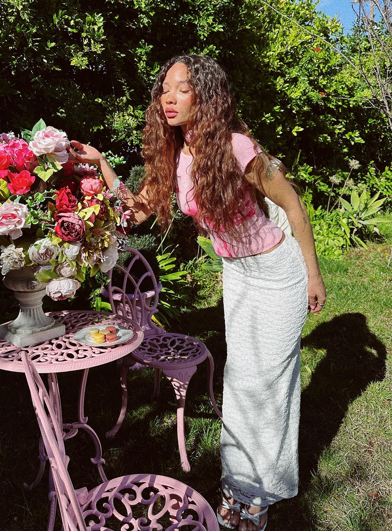   front view of model wearing Princess Polly Venices Maxi Skirt Cream Maxi 