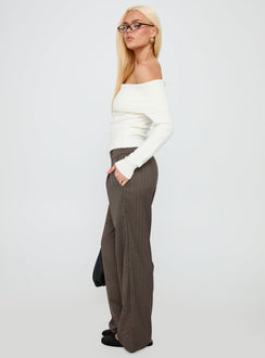 side view of model wearing Princess Polly Briellea Thick Waistband Pant Pinstripe Low Rise Pants 