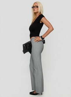 side view of model wearing Princess Polly Joanah Tie Waist Pant Grey Pinstripe Mid Rise Pants 