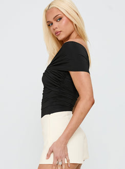 side view of model wearing Princess Polly The Real Thing One Shoulder Bodysuit Black Sleeveless 