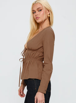 Every Page Long Sleeve Tie Detail Top Brown