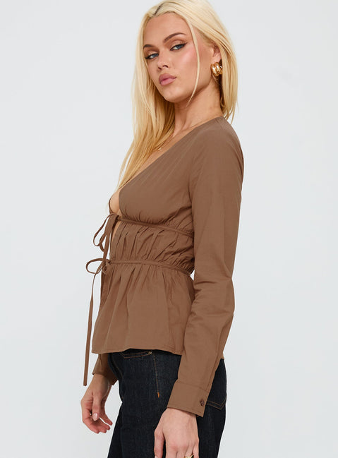 Every Page Long Sleeve Tie Detail Top Brown