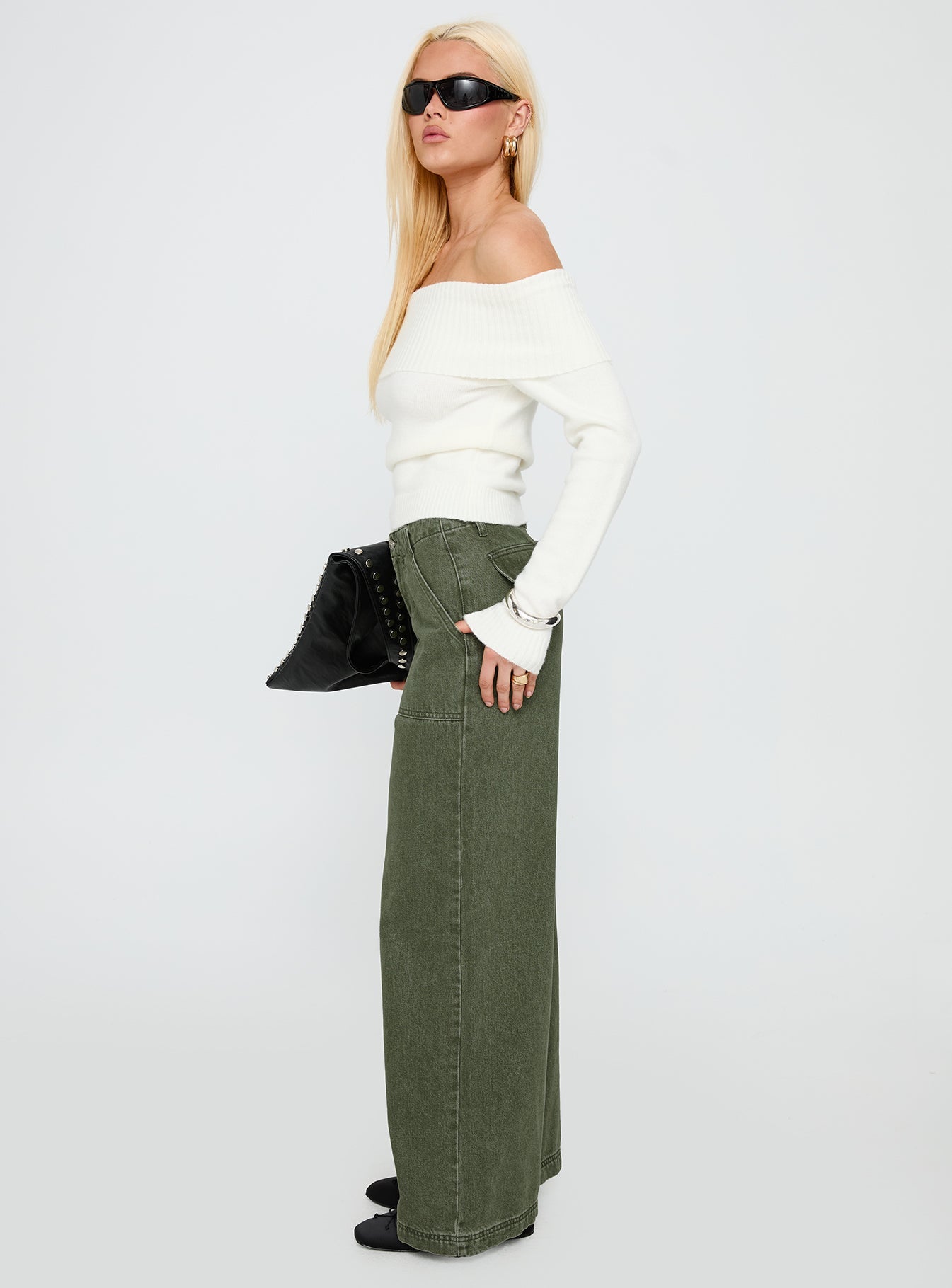 Melikah Mid Rise Baggy Cargo Jeans Green Wash