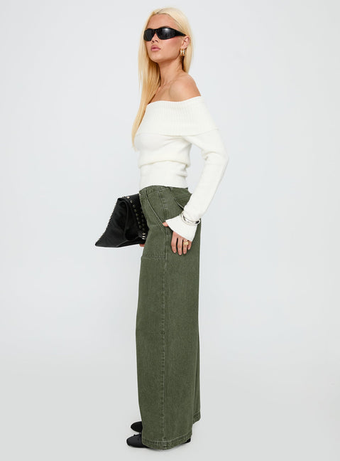 Melikah Mid Rise Baggy Cargo Jeans Green Wash