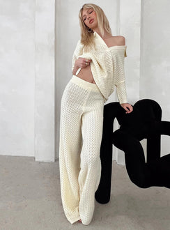 Matching set Knit material Top Classic collar V-neckline Drop shoulder Pants Thick elasticated waistband Straight leg