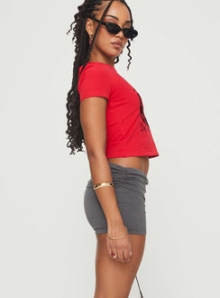 side view of model wearing Princess Polly Take Me Out Shorts Slate High Waisted Shorts 