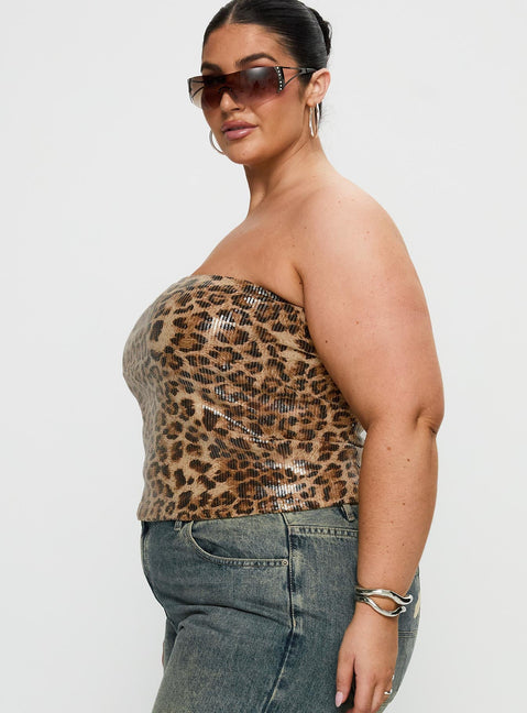 side view of model wearing Princess Polly Learn To Fly Strapless Sequin Top Leopard Curve Sleeveless straight 