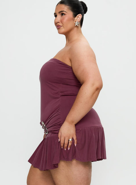 side view of model wearing Princess Polly Love Lingers Strapless Mini Dress Burgundy Curve Straight Neck 