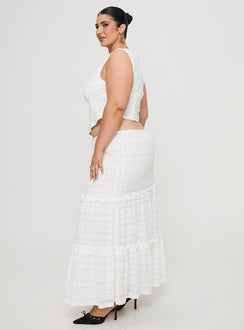   side view of model wearing Princess Polly Buttacupe Lace Maxi Skirt White Curve Maxi 