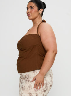 side view of model wearing Princess Polly Isabetta Halter Top Chocolate Curve Sleeveless Sweetheart 