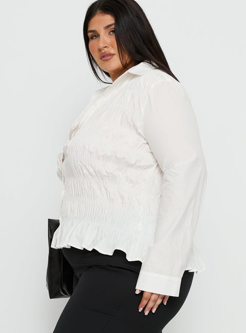 Cultivate Shirred Long Sleeve Top White Curve