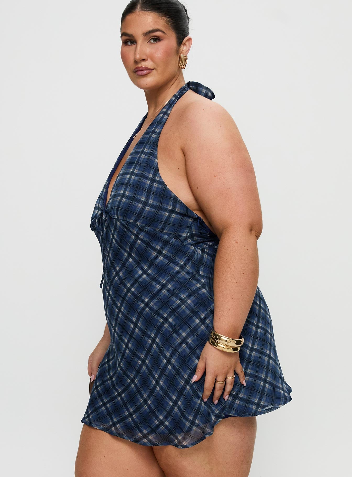 Laraline Halter Mini Dress Navy Check Curve