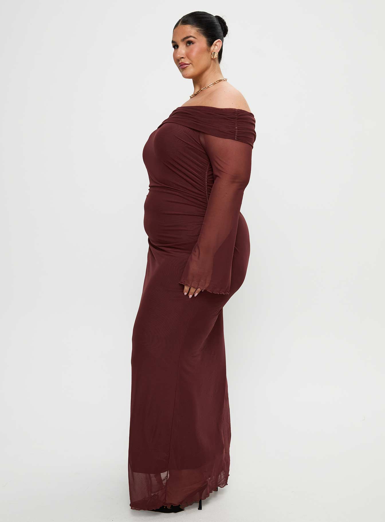 side view of model wearing Princess Polly Consideration Maxi Dress Chocolate Curve Straight Neck 