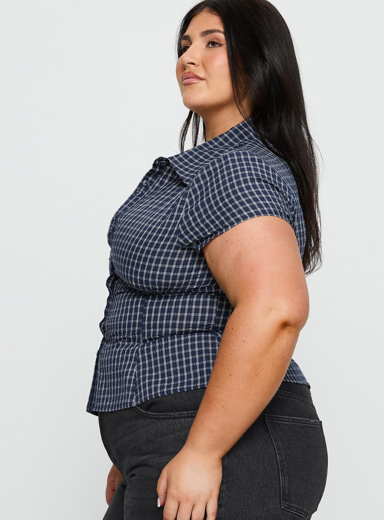 Cottesloe Blouse Top Navy Check Curve