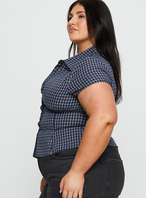 Cottesloe Blouse Top Navy Check Curve