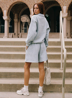 back view of model wearing Princess Polly Dream Fleece Quarter Zip Sweatshirt Grey Marle Longline Jumpers 