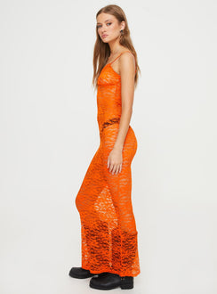 Sheer lace maxi dress Adjustable shoulder straps, scooped neckline