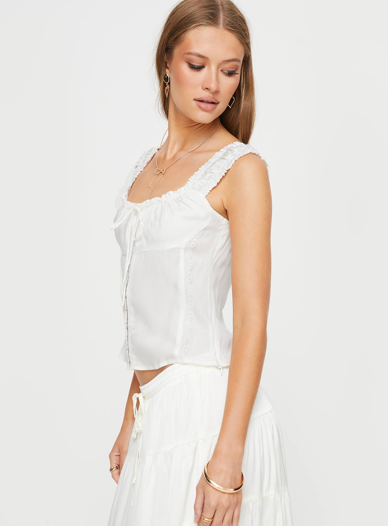 Top Slim fitting, cap sleeve, ruched bust, tie detail, hook & eye fastening at front, invisible zip fastening at side