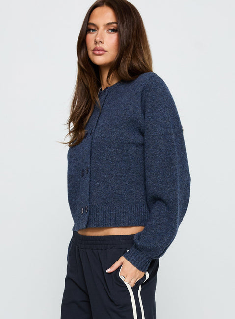 side view of model wearing Princess Polly Kammi Button Up Cardigan Navy Cropped 