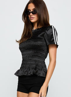 side view of model wearing Princess Polly Wildrose Shirred Top Black Short Sleeves Crew Neck 