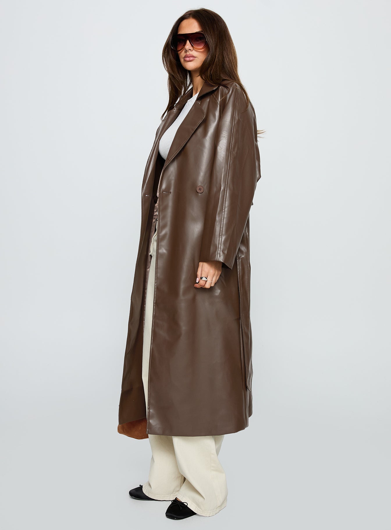 Dime A Dozen Faux Leather Trench Coat Brown