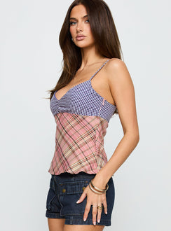 side view of model wearing Princess Polly Petallic Patchwork Top Multi Sleeveless Sweetheart 