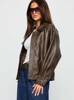 Mixtape Faux Leather Collared Jacket Brown