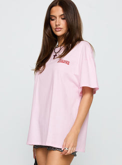 side view of model wearing Princess Polly Flower Chart Oversized Tee Pink Half Sleeves Crew Neck 
