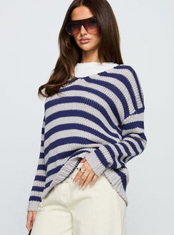 Drayven V Neck Knit Sweater Blue Stripe
