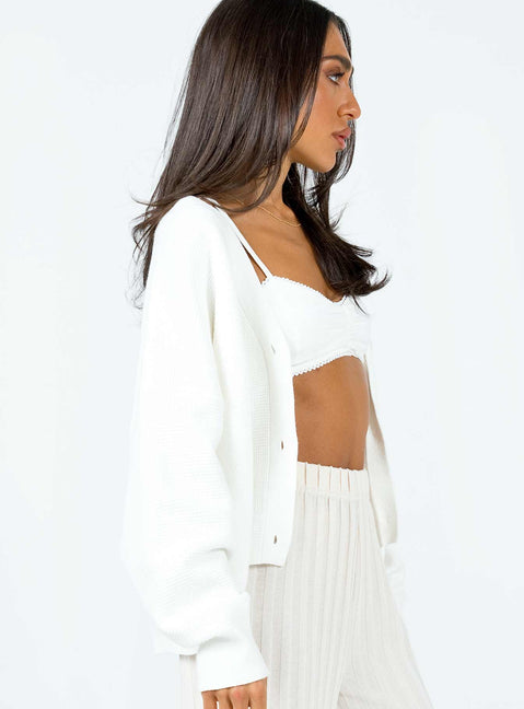 Front view of model wearing  front Theo Cardigan White Princess Polly  Long 