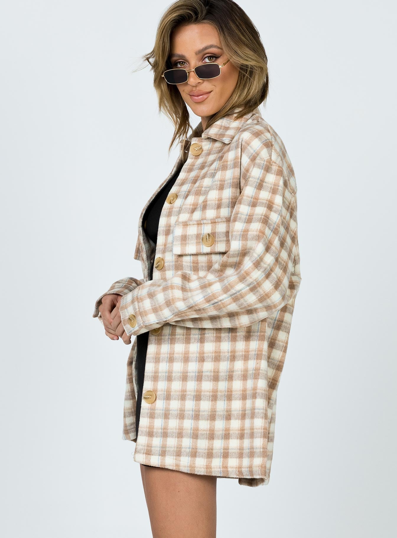 Oversized shirt jacket, beige plaid print, button up, long sleeve, oversized design
