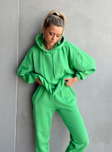front view of model wearing Princess Polly Ritu Oversized Hoodie Green 