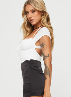 Bodysuit Halter tie fastening, cap sleeve, ruched bust, tie fastening at front, cheeky style bottom, press clip fastening