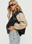 Faux leather bomber jacket Classic collar, drop shoulder, twin hip pockets, elasticated cuffs, drawstring toggle waist, zip fastening down front