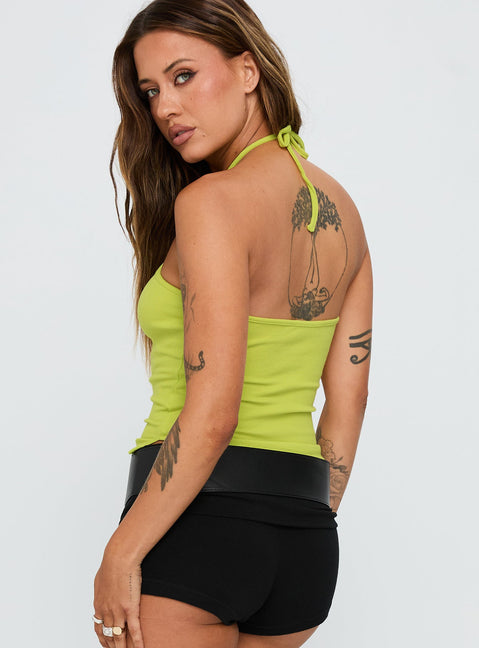 back view of model wearing Princess Polly Baseline Halter Rib Top Green Sleeveless 