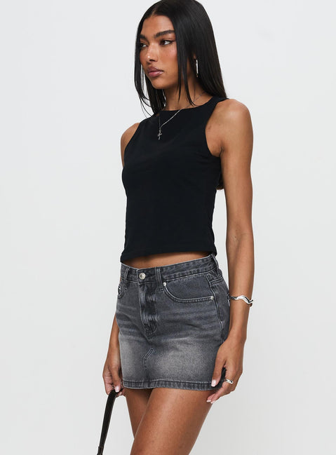   side view of model wearing Princess Polly Paulette Denim Mini Skirt Grey Wash Mini Skirts Skirts 