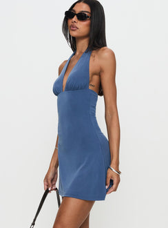 side view of model wearing Princess Polly Tinisie Halter Mini Dress Slate Blue Tall Plunger 