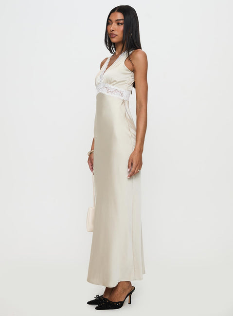 side view of model wearing Princess Polly Persefonie Lace Maxi Dress Champagne V-Neck 