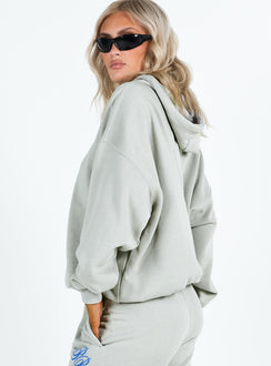 side view of model wearing Princess Polly Princess Polly Hooded Sweatshirt Cursive Text Grey / Blue regular 